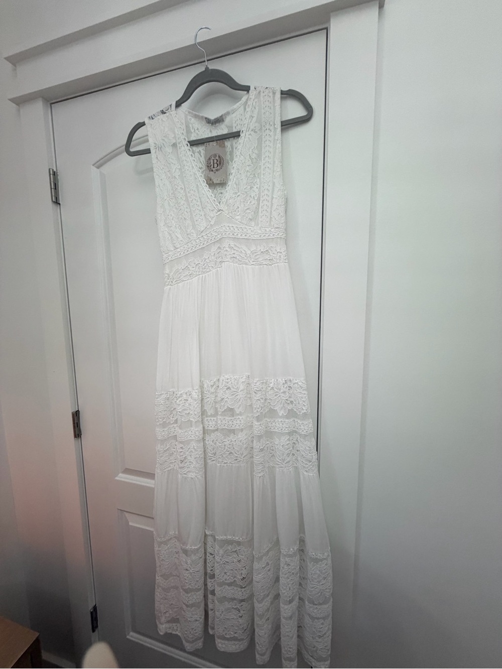 Boho Lace Tiered White Maxi Dress